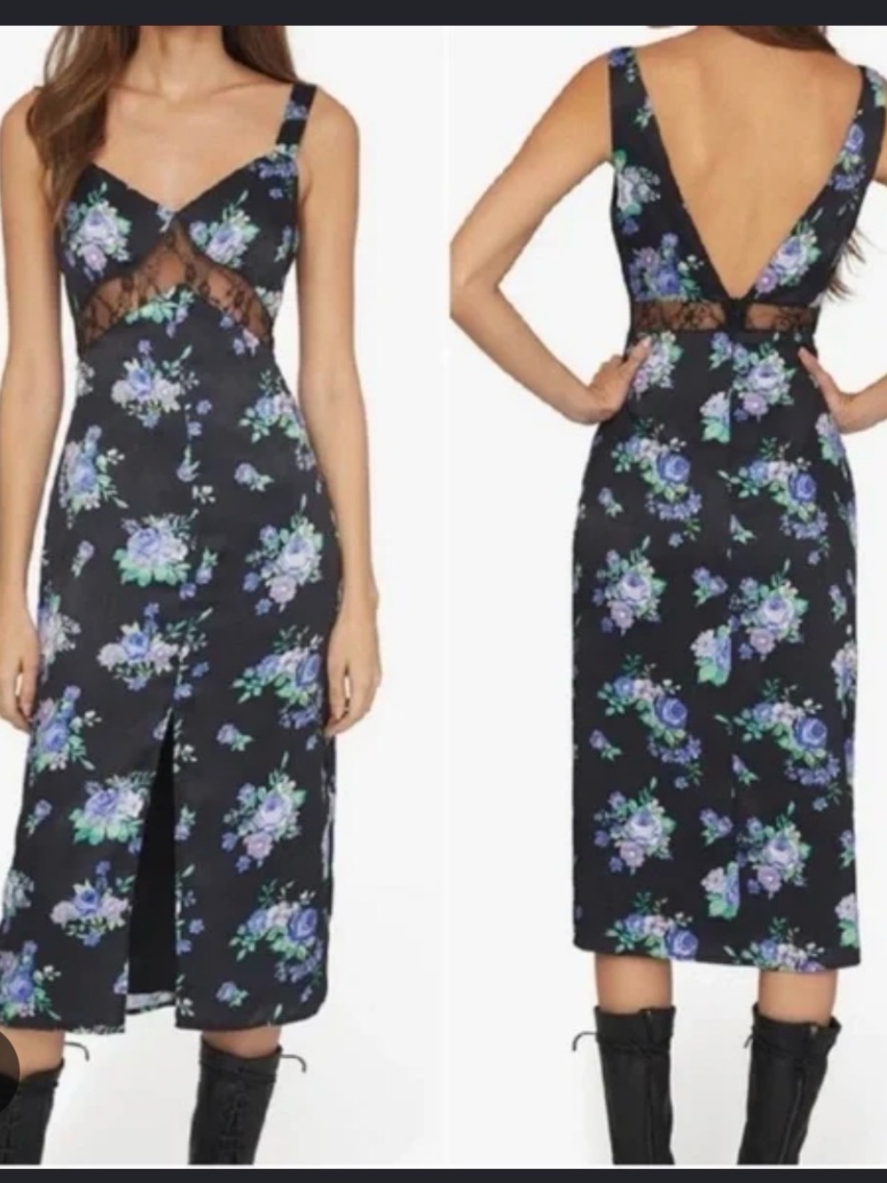 NWT WeWoreWhat Black Satin Slip Dress with Blue & Lavender Floral Print